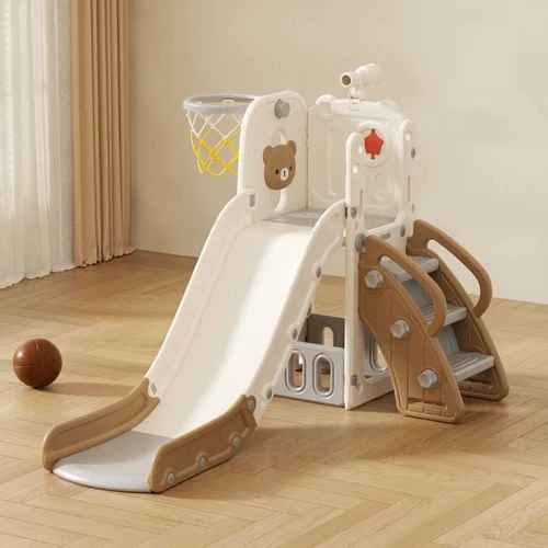 Детска пързалка с телескоп и баскетболен кош Feelkids, Кафяво мече