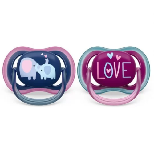 Ортодонтични залъгалки Philips AVENT Ultra Air, синя с декор Слонове и розова с надпис Love в кутия за стерилизиране, 2 бр.