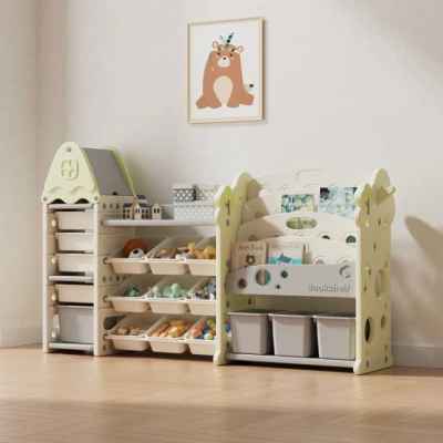 Детска етажерка-органайзер Feelkids, 17 отделения и изтеглящи се кутии, зелена