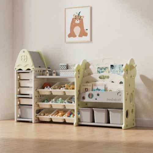 Детска етажерка-органайзер Feelkids, 17 отделения и изтеглящи се кутии, зелена