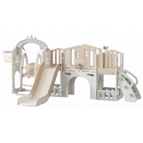 Мини детска крепост за игра с пързалка Feelkids, кафява