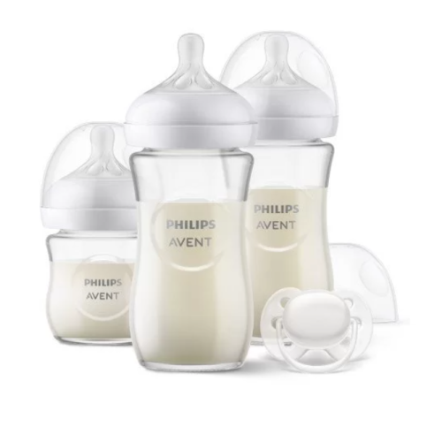 Комплект за бебе Philips с 3 стъклени шишета за хранене Natural Response с биберони без протичане и залъгалка