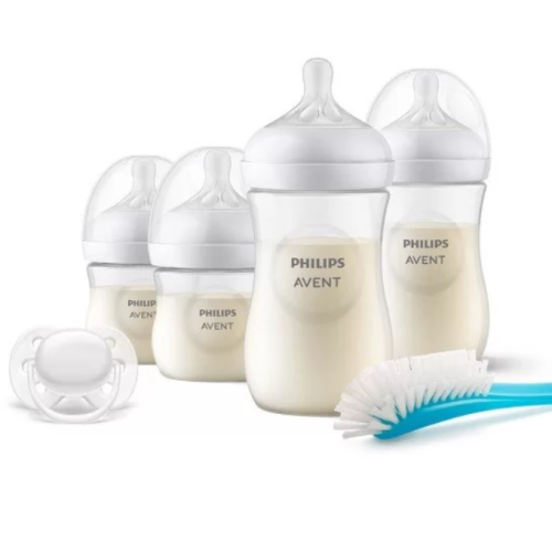 Комплект за новородено Philips AVENT с 4 шишета за хранене Natural Response с биберони без протичане, залъгалка Ultra Soft и четка за почистване