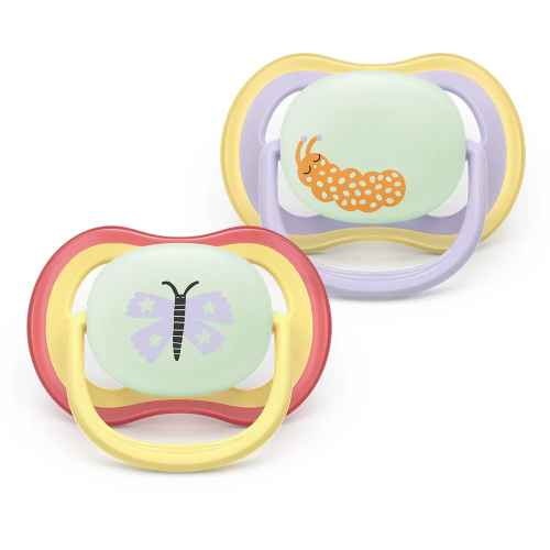 2 бр. залъгалки Philips Avent Ultra Air Night 0-6м пеперуда и гъсеница, лилаво