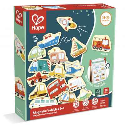 Комплект за игра Hape, Магнитни превозни средства, 30 броя