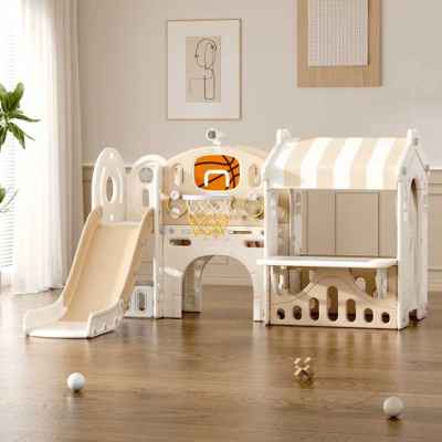 Детски център с пързалка, къща и баскетболен кош Feelkids, кафяв