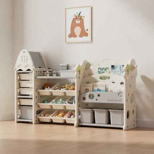 Детска етажерка-органайзер Feelkids, 17 отделения и изтеглящи се кутии, бяла