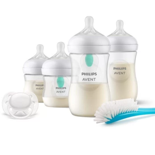 Комплект за новородено Philips AVENT с 4 шишета за хранене Natural Response с биберони без протичане, клапа AirFree, залъгалка Ultra Soft и четка за почистване