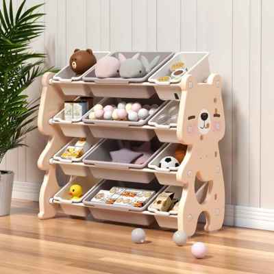 Детски органайзер Feelkids, Розово мече за играчки на 4 нива и 12 подвижни кутии