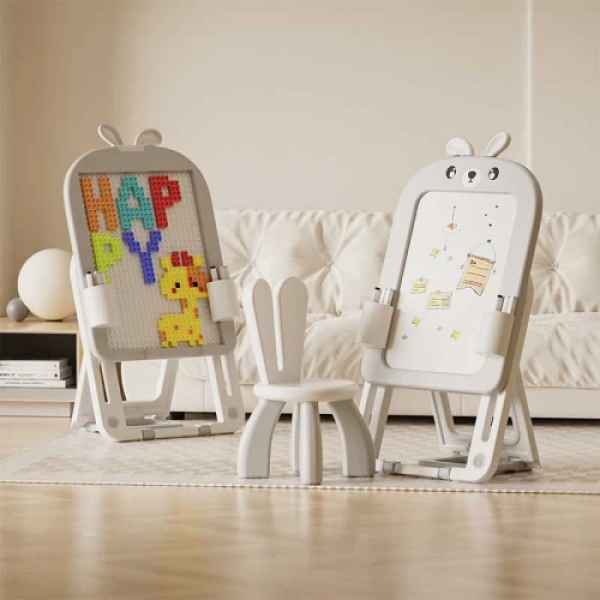 Детска дъска 2 в 1 с конструктор 60 части и стол Feelkids, Сиво зайче-YvKa4.jpeg