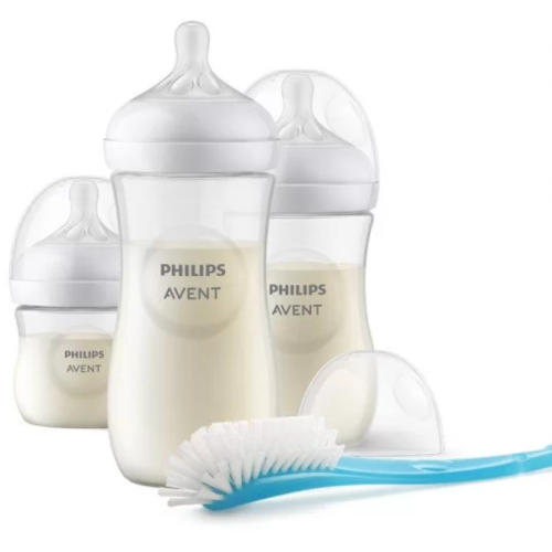 Комплект Philips AVENT с 3 шишета за хранене Natural Response с биберони без протичане и четка за почистване