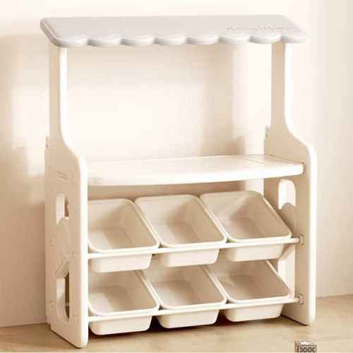 Многофункционален детски щанд Feelkids, с плот и подвижни кутии за съхранение, сив