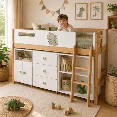 Детско комбинирано легло Ginger Home DINO с Етажерка, Шкаф, Скрин и Подматрачна Рамка, 90x200 см