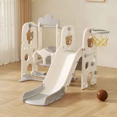 Детска пластмасова пързалка с люлка и баскетболен кош Feelkids, Сиво мече