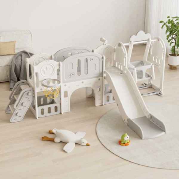 Детски приключенски център 11в1 с пързалка, катерушка, люлка и баскет кош Feelkids, сив-jRlOR.jpeg