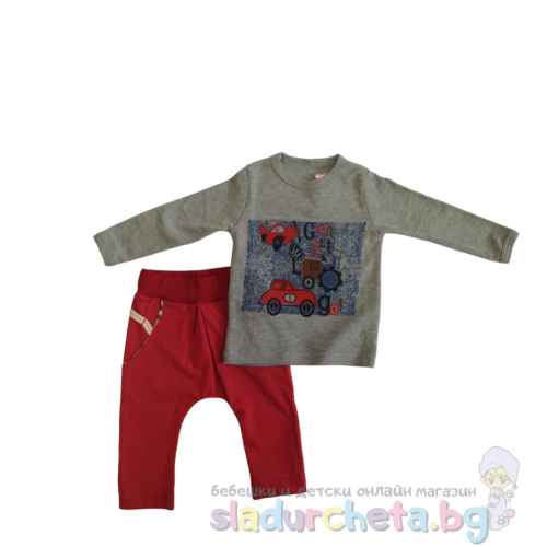 Комплект от 2 части Candy baby - блуза и панталон, сив/червен