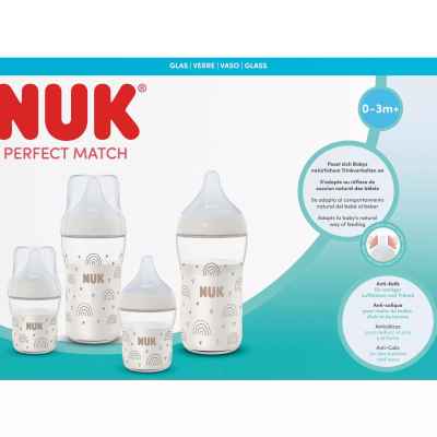 Сет 5 стъклени шишета Nuk Perfect Match 2х120мл. + 2х230мл.+ допълнителен биберон за хранене Flow control1бр.