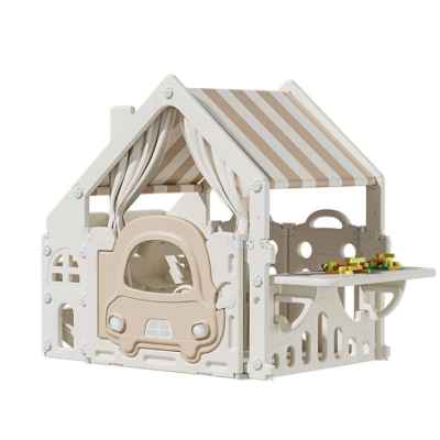 Пластмасова детска къщичка за игра с маса за конструктори Feelkids, кафява