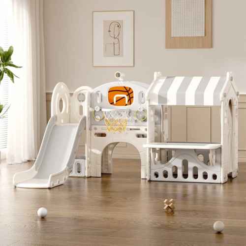 Детски център с пързалка, къща и баскетболен кош Feelkids, сив