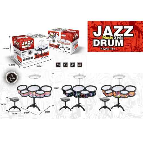 Детски голям комплект барабани, 5 бр. със стол