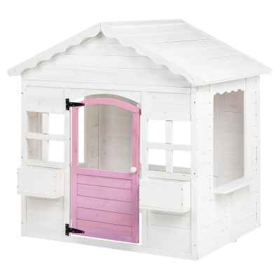 Детска дървена къща Ginger Home, с прозорци и саксии, бяла