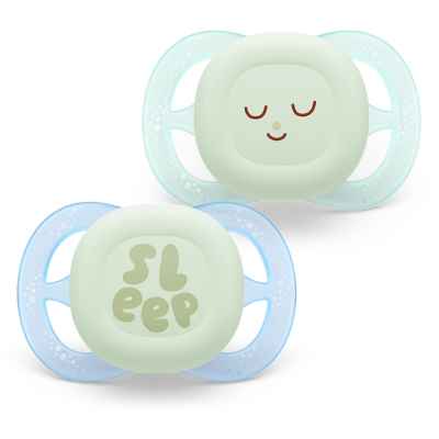 Комплект от 2 бр. ортодонтски силиконови залъгалки Philips Avent SCF075/12 Ultra Start 0-2м, в синьо и зелено с декор Sleep, в кутия за стерилизиране