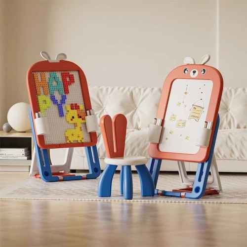 Детска дъска 2 в 1 с конструктор 60 части и стол Feelkids, Червено зайче