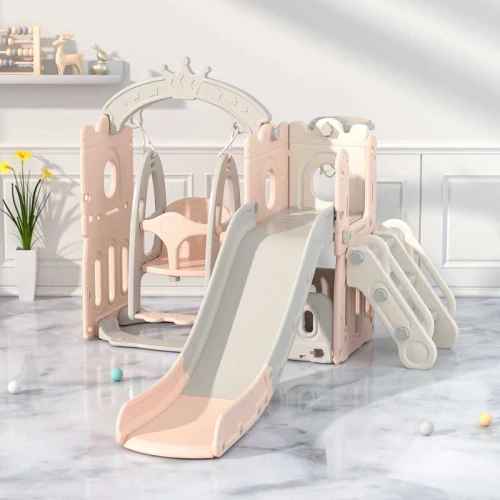 Детски комплект за игра 2 в 1 Feelkids, Замък, пързалка и люлка в розов