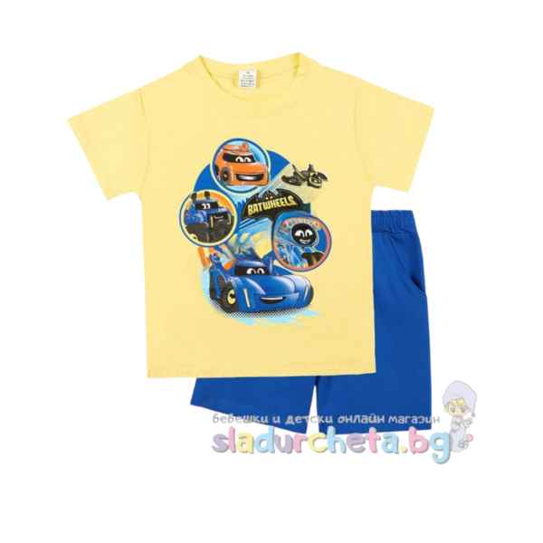 Комплект от 2 части Светли - тениска и къс панталон, Бат-коли в жълто/син-5S92H.jpeg