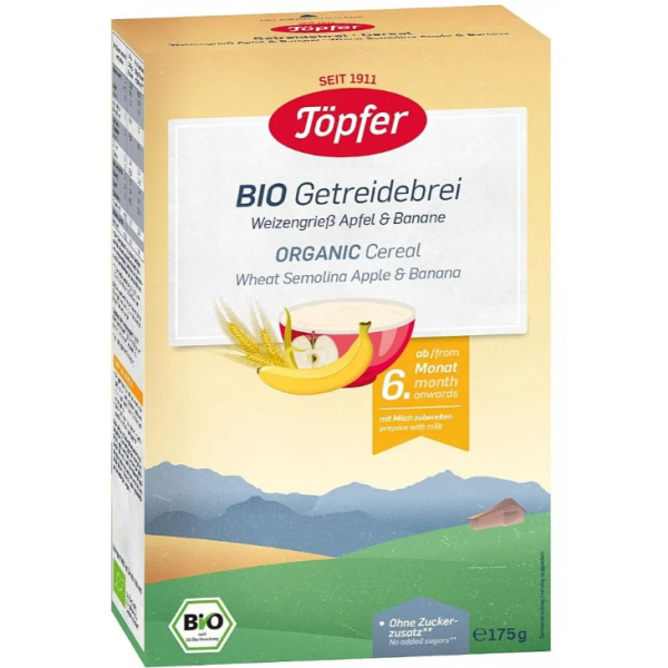 Безмлечна био каша Topfer, с пшеничен грис ябълка и банан 6м 175 гр.-6NQEd.png