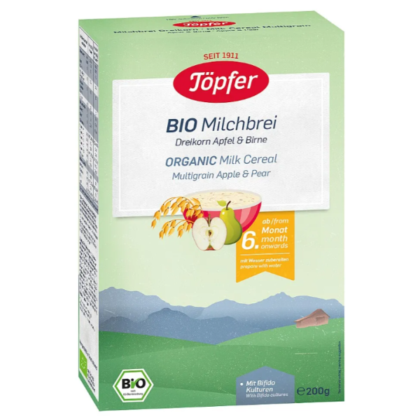 Млечна био каша Topfer, 3 вида зърна, ябълка и круша 6м 200 гр.-6msWf.png