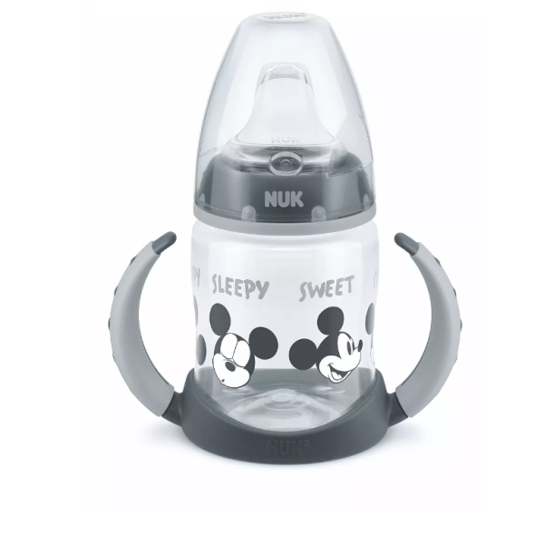 Шише Nuk First Choice 150 мл. със силиконов накрайник за сок, Mickey grey-90En2.png