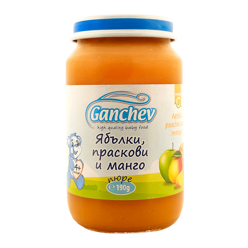 Бебешко пюре Ganchev, с ябълка, праскова и манго 4м 190 гр.