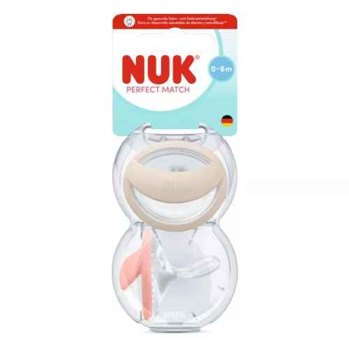 Силиконова залъгалка Nuk Perfect Match, 0-6 м., 2 бр. Mommy Feel, бежова/розова + кутийка