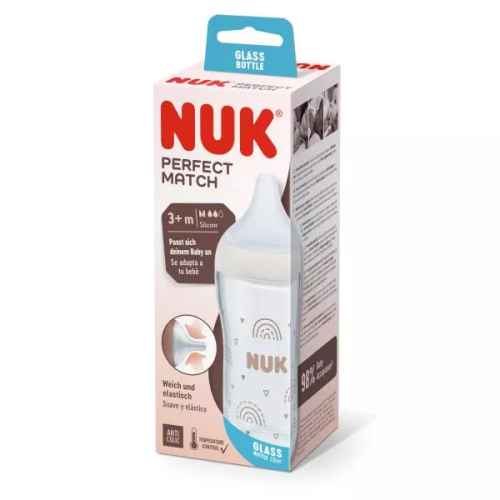 Стъклено шише NUK, Perfect Match 230мл. 3+мес., Дъга