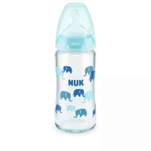 Стъклено шише NUK First Choice 240мл, със силиконов биберон 0-6мес, Син