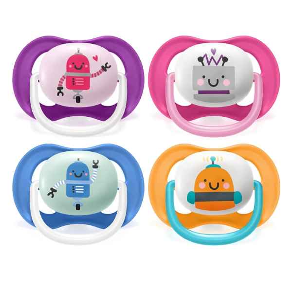 2 бр. ортодонтични залъгалки Philips AVENT Ultra Air Happy 6-18м, с декорация роботи в кутия за стерилизиране-InSmM.jpeg