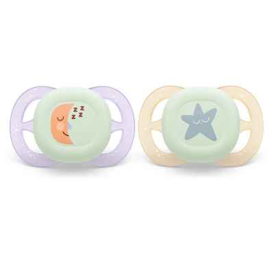 2 бр. светещи ортодонтични залъгалки за новородени Philips AVENT Ultra Start Night 0-2м, в оранжево и лилаво с декор луна и звезди, в кутия за стерилизиране