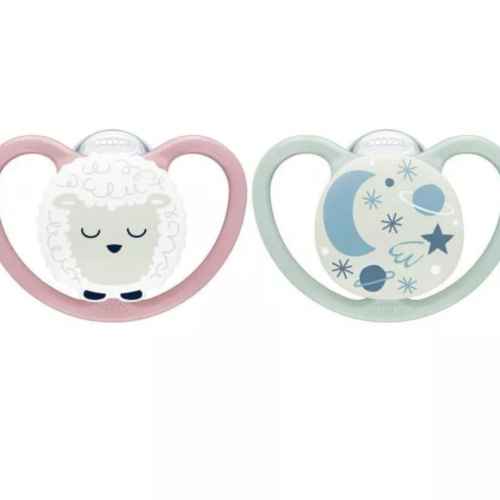 Силиконова залъгалка NUK Space Night, светеща + кутийка, 0-6м, Овца, 2бр.