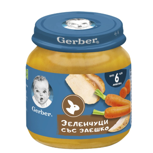 Бебешко пюре Gerber, зеленчуци и заешко 6м 125 гр.