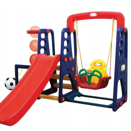 Детска пързалка с люлка и баскетболен кош 3toysm, синя/червена