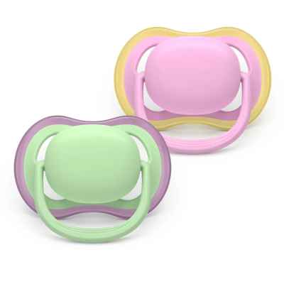2 броя ортодонтски силиконови залъгалки Philips AVENT SCF087/12 Ultra Air, 6-18м, едноцветни, в кутия за стерилизиране