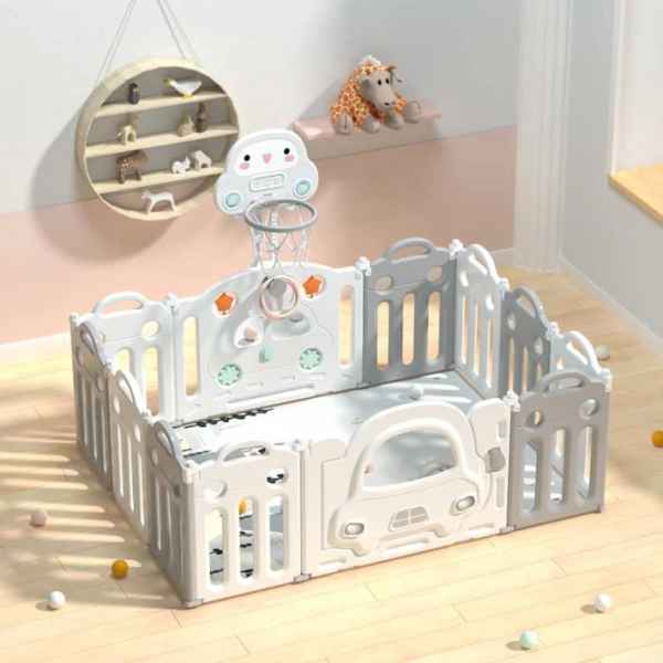 Бебешка ограда с баскетболен кош и табло с активности Feelkids, Сива кола-TBu6S.jpeg