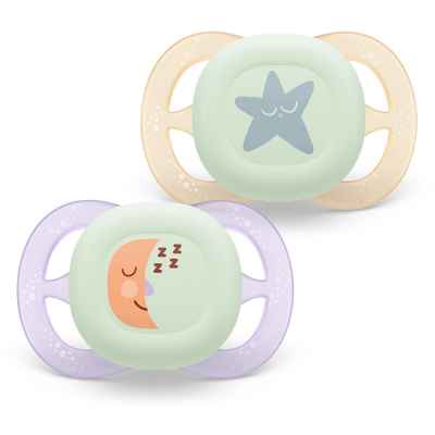 Комплект от 2 бр. ортодонтски силиконови залъгалки Philips Avent SCF075/12 Ultra Start 0-2м, в синьо и зелено със забавен декор, в кутия за стерилизиране