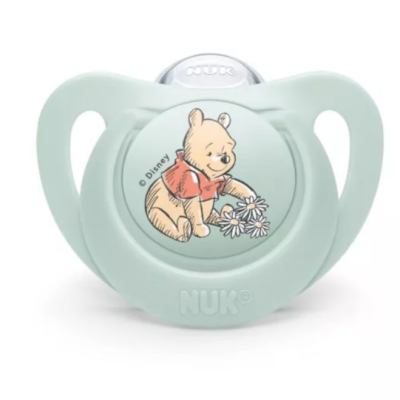 Силиконова залъгалка Nuk 0-6 м. 1 бр., Мечо пух + кутийка за съхранение и стерилизация в микровълнова