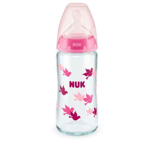 Стъклено шише NUK First Choice 240мл, със силиконов биберон 0-6мес, Розов