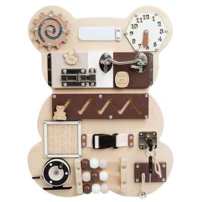 Дървен Бизи Борд Мече Ginger, Монтесори дъска за фина моторика, Натурално дърво и кафяво