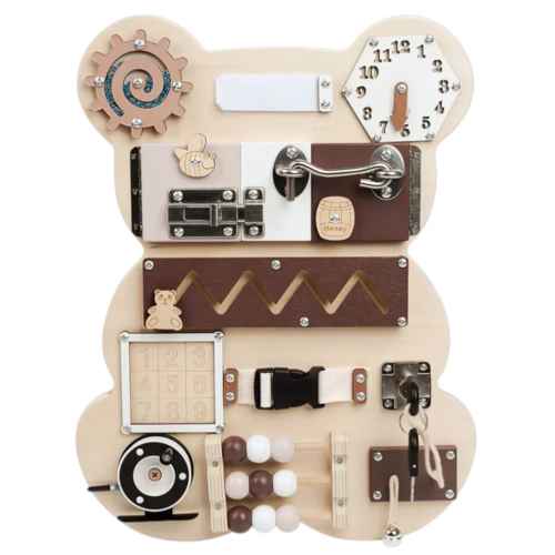 Дървен Бизи Борд Мече Ginger, Монтесори дъска за фина моторика, Натурално дърво и кафяво