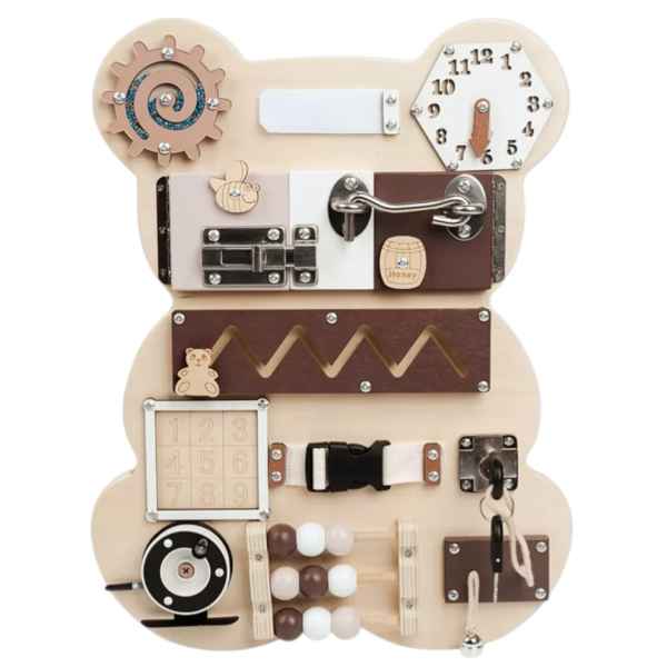 Дървен Бизи Борд Мече Ginger, Монтесори дъска за фина моторика, Натурално дърво и кафяво-X1fXa.jpeg