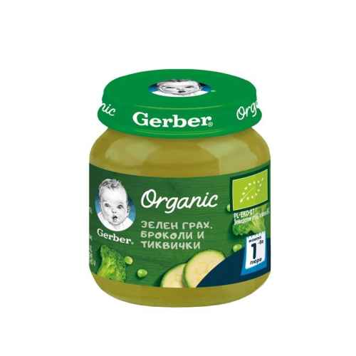 Бебешко пюре Gerber, Зелен грах броколи и тиквички 6м 125 гр.